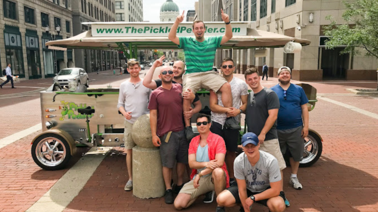 a group of people on a city street
